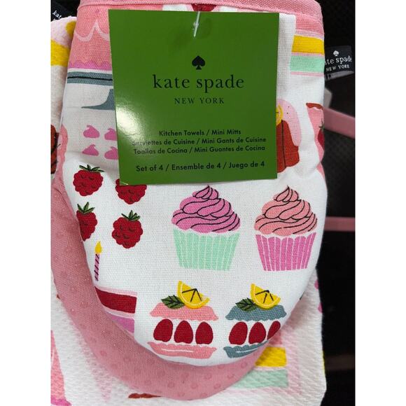 New Kate Spade New York Pink Cupcakes Bakery Kitchen Towels And Mini Mitts Set - Picture 2 of 4